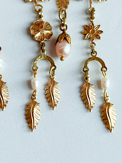 Antique and Vintage  Brass Garden Collage Flower and Leaf Earrings With Bead Capped Peach Pearls and freshwater rice pearls