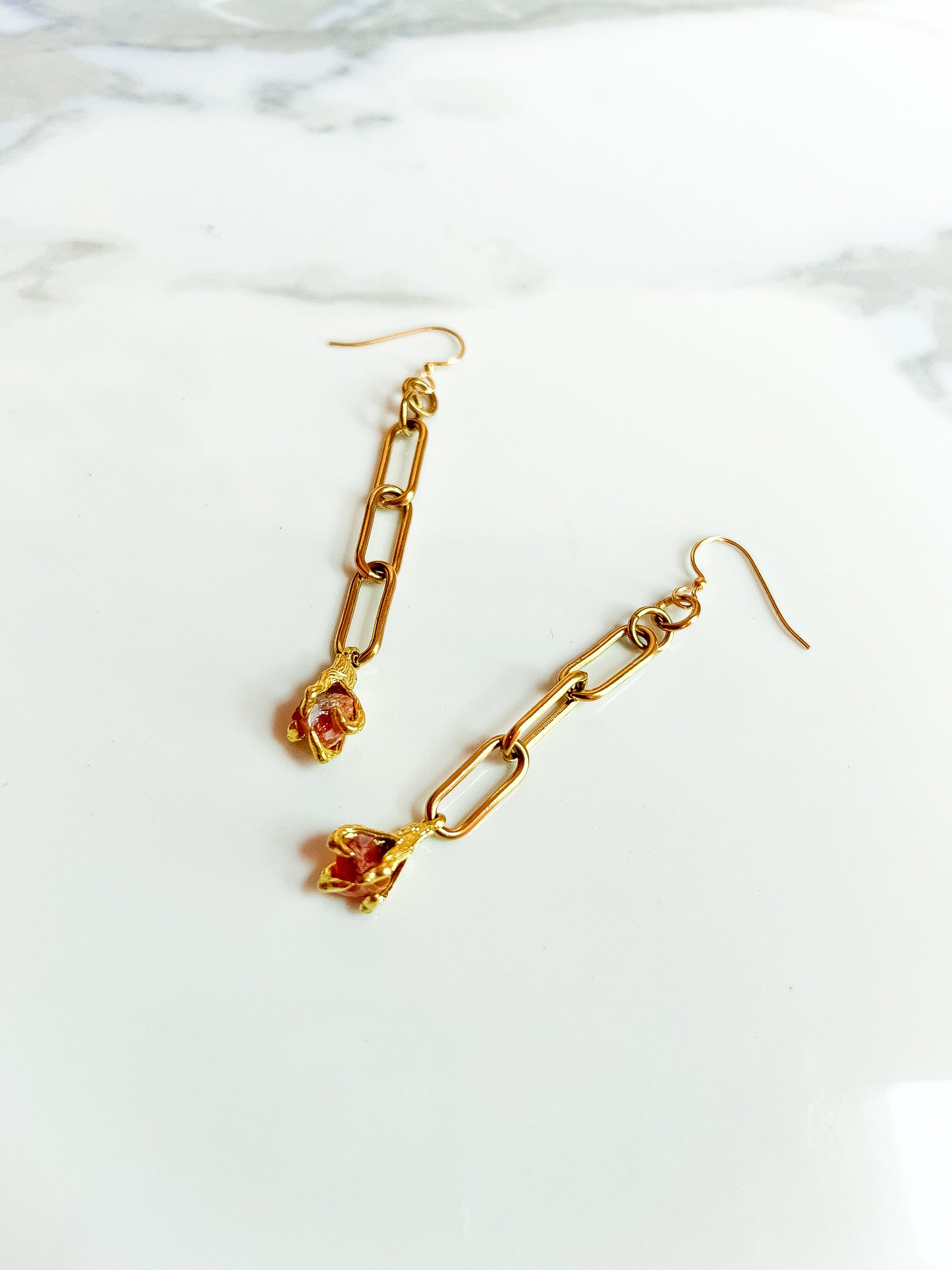 Brass Claw Clasped Fire Opal Paper Clip Chain Earrings