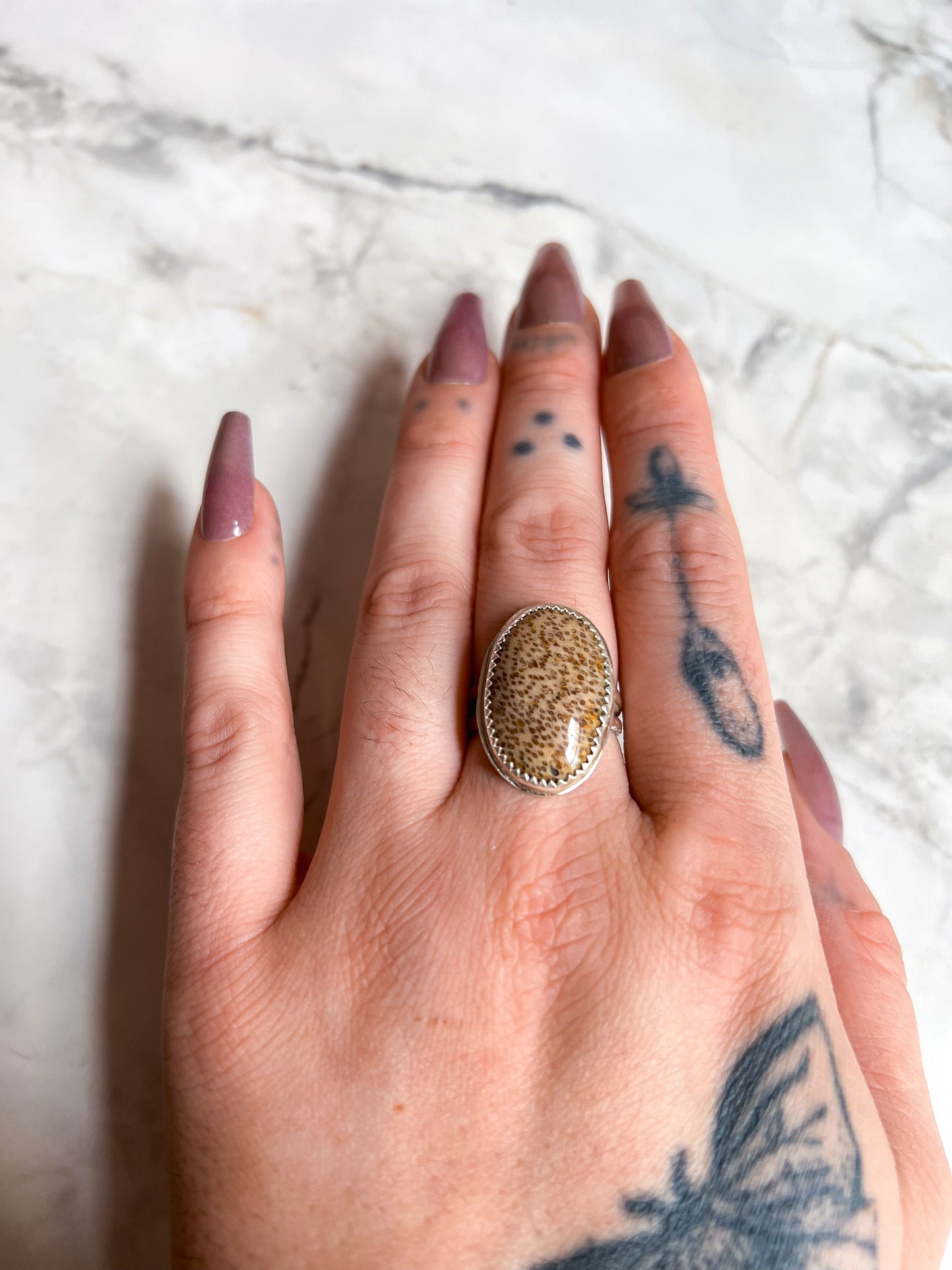 Split Band Sterling Silver Ring With Fossilized Palm