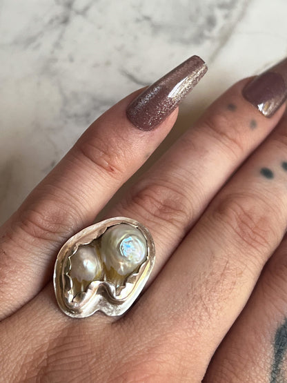 Sterling Silver Ring with scallop set Blister Pearl cluster