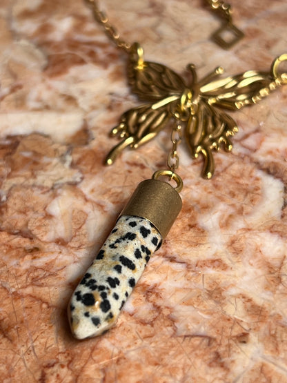 Brass Abstract Butterfly Necklace with Dalmatian Jasper Point