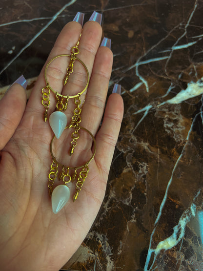 Brass and Deadstock White Moonglow Lucite Bauble Earrings with spike fringe