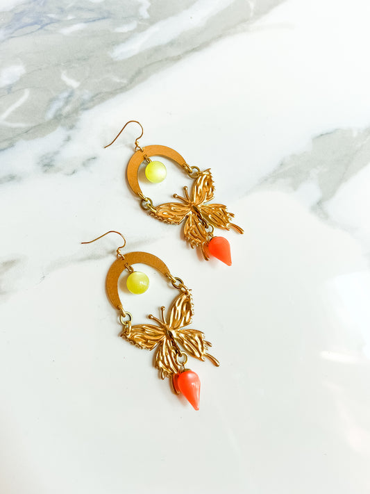 Brass and Deadstock Neon Yellow and Orange Moonglow Lucite Bauble Earrings with Abstract Butterflies