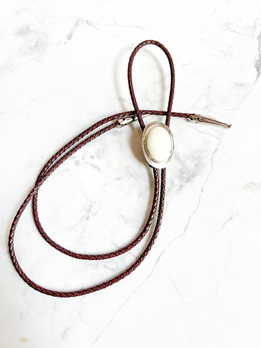 Silver set cream jasper Bolo Tie With Brown Leather Cord