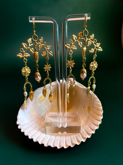 Antique and Vintage  Brass Garden Collage Flower and Leaf Earrings With Bead Capped Peach Pearls and freshwater rice pearls