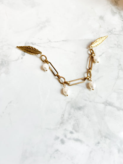 Antique Brass Leaf Collar Pins With Pearls and Vintage Chain