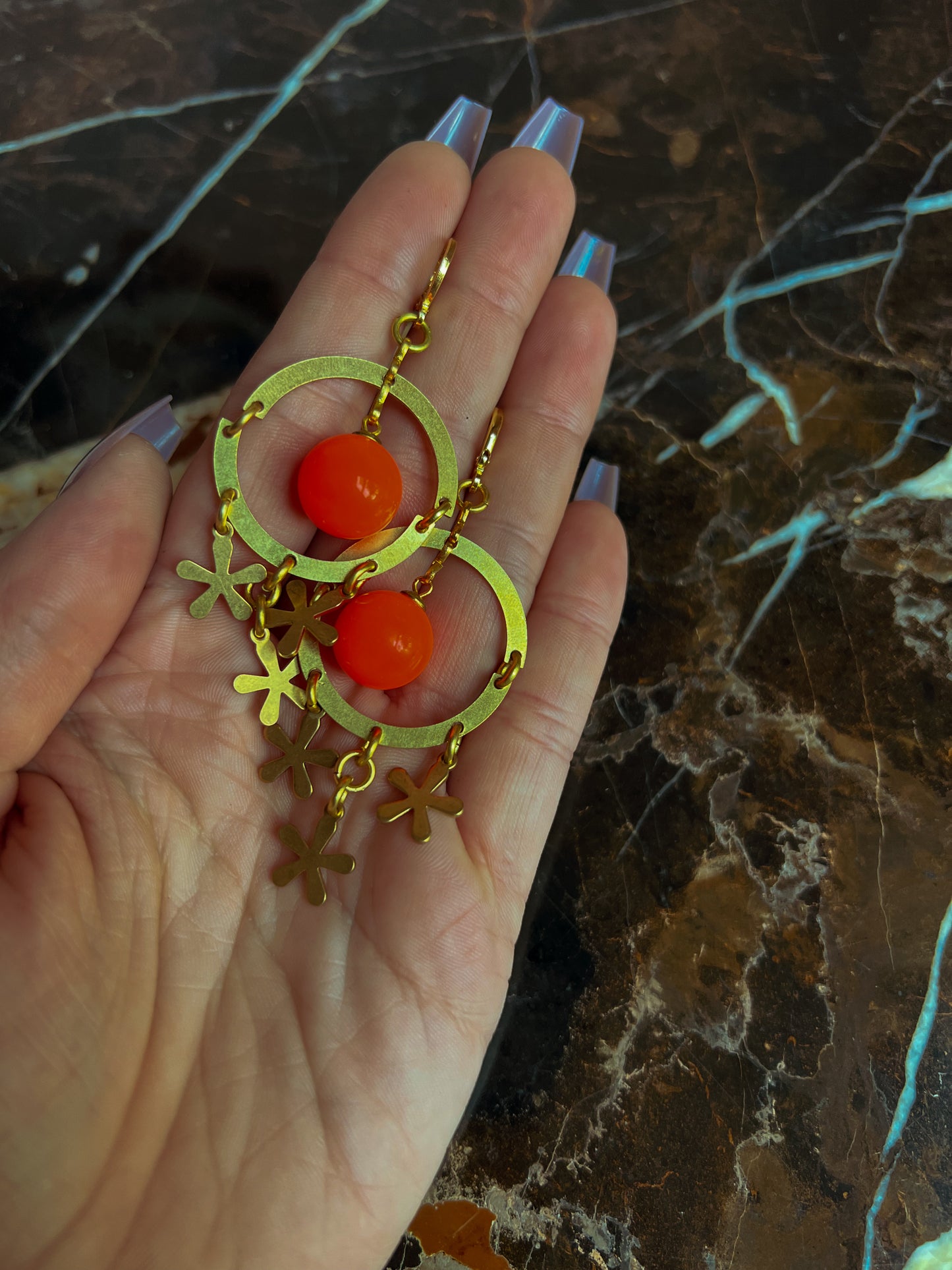 Brass and Deadstock Neon Orange Moonglow Lucite Bauble Earrings with Flower Fringe