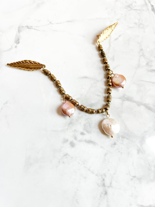 Antique Brass Leaf Collar Pins With peach and mauve pearls and Vintage Chain