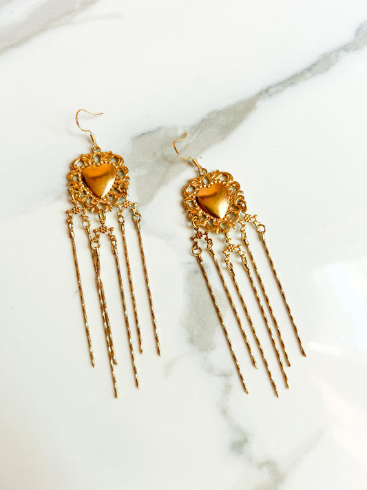 Brass Vintage Heart Long Floral Snake Chain Fringe Earrings