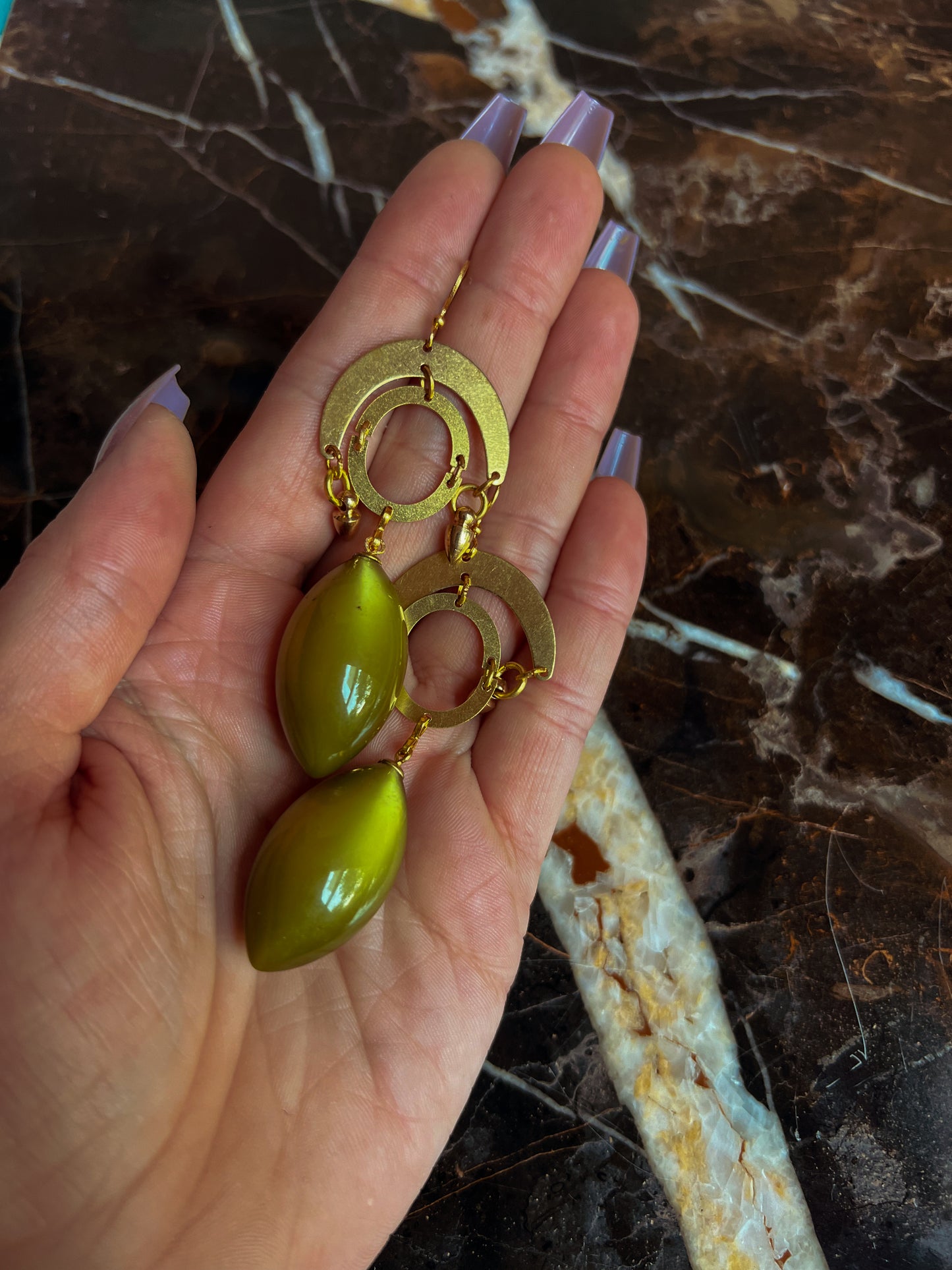 Brass and Deadstock Olive Green Moonglow Lucite Bauble Earrings