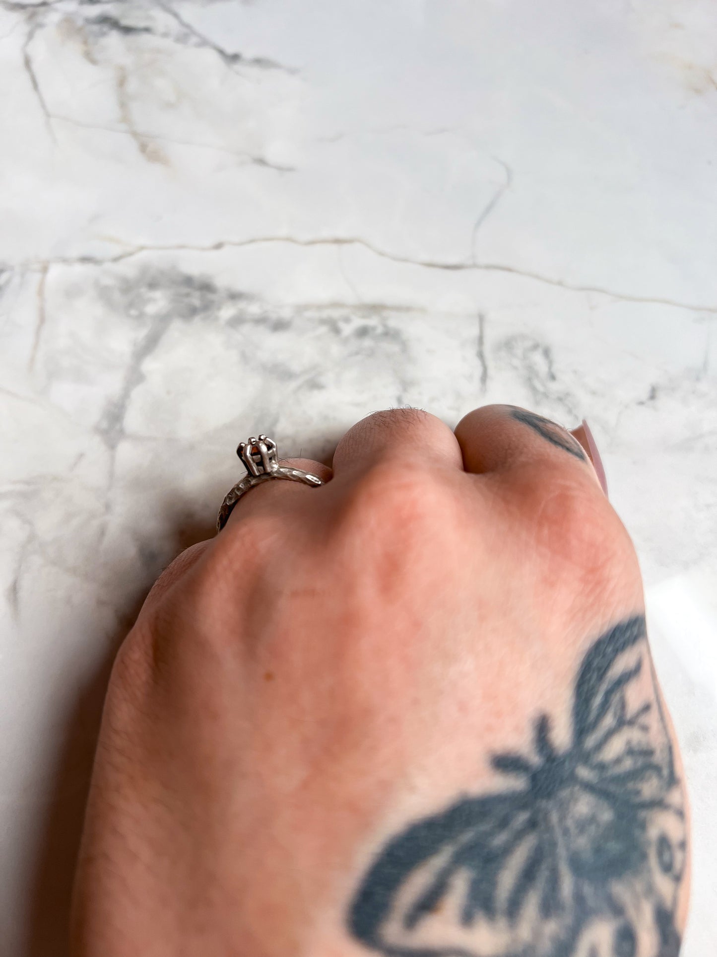 Silver Plated Hammered Brass Open Ring with Carnelian