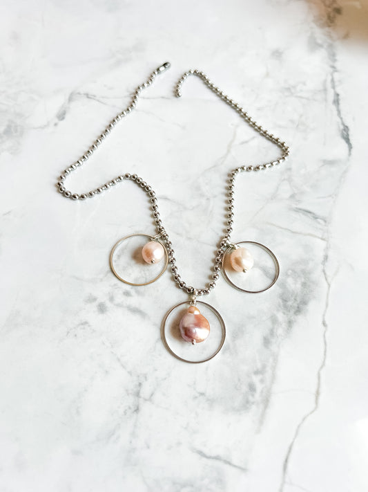 Stainless steel ball chain necklace with mauve and peach baroque pearls