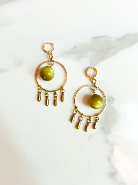 Brass and Deadstock Olive Green Moonglow Lucite Bauble Earrings with spike fringe