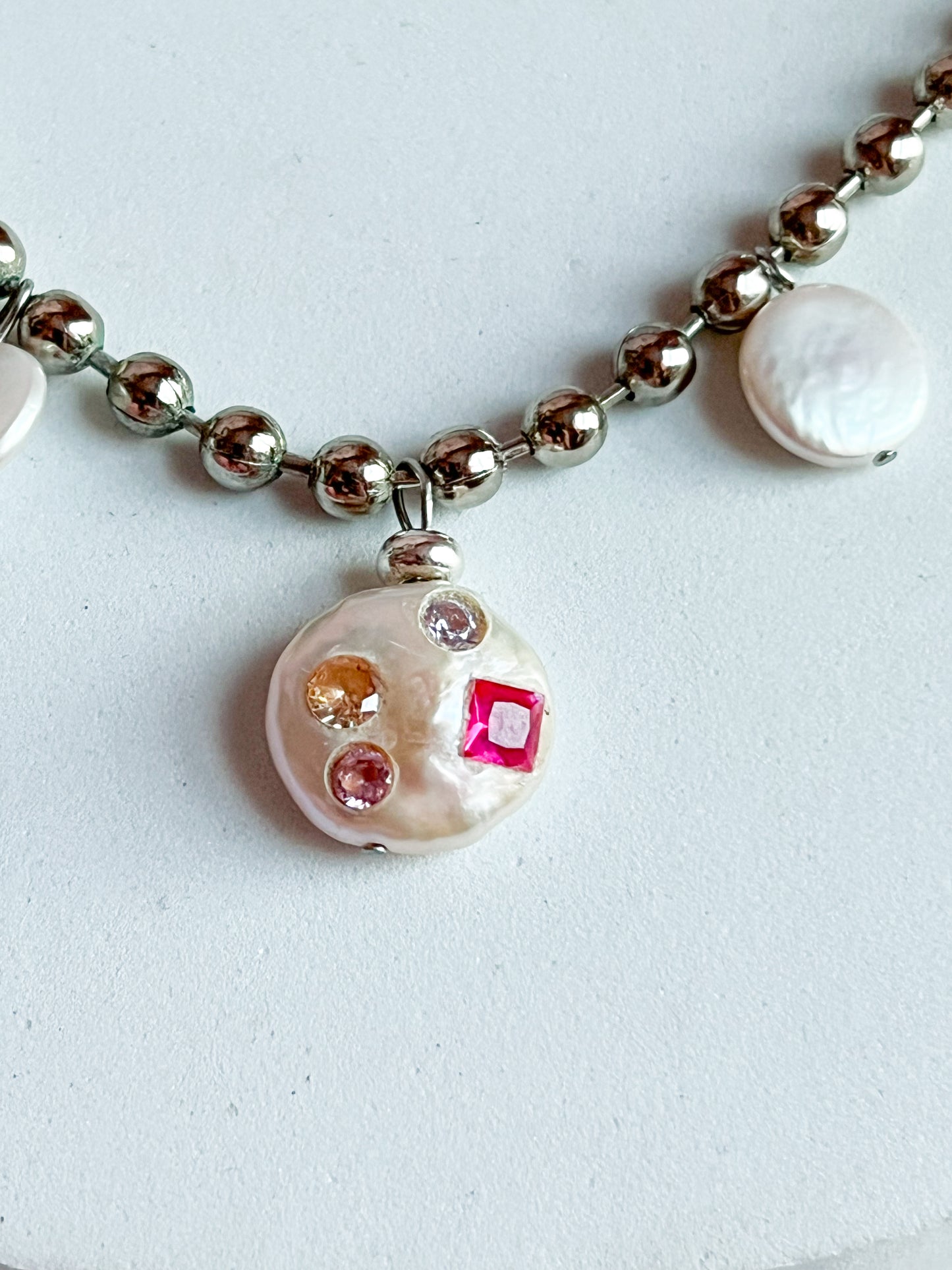 Vintage Deadstock Stainless Steel Ball Chain Necklace With Pink Sapphire, Rose Quartz, Citrine, and Amethyst Inlaid Coin Pearls