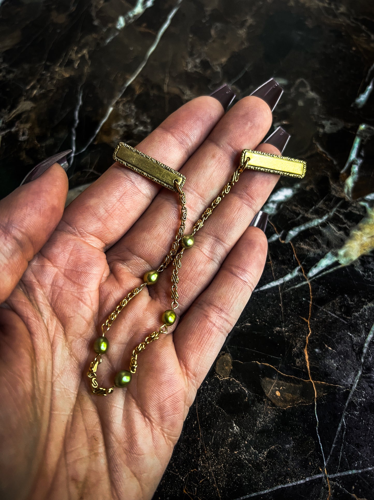 Antique Brass bar Collar Pins With olive green dyed pearls and Vintage Chain