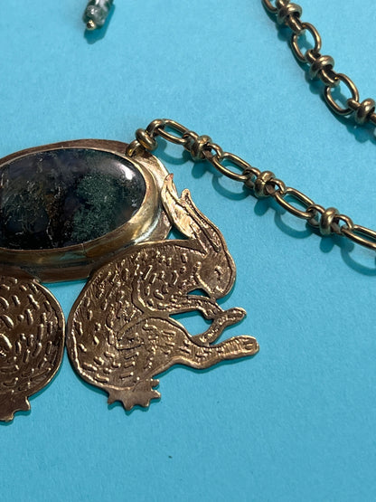 Etched Brass Twin Rabbit and Moss Agate Chestplate with vintage deadstock chain