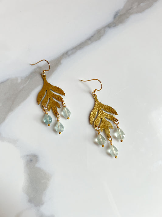 Mugwart Leaf Cutout With Carved Aquamarine Rain Drops