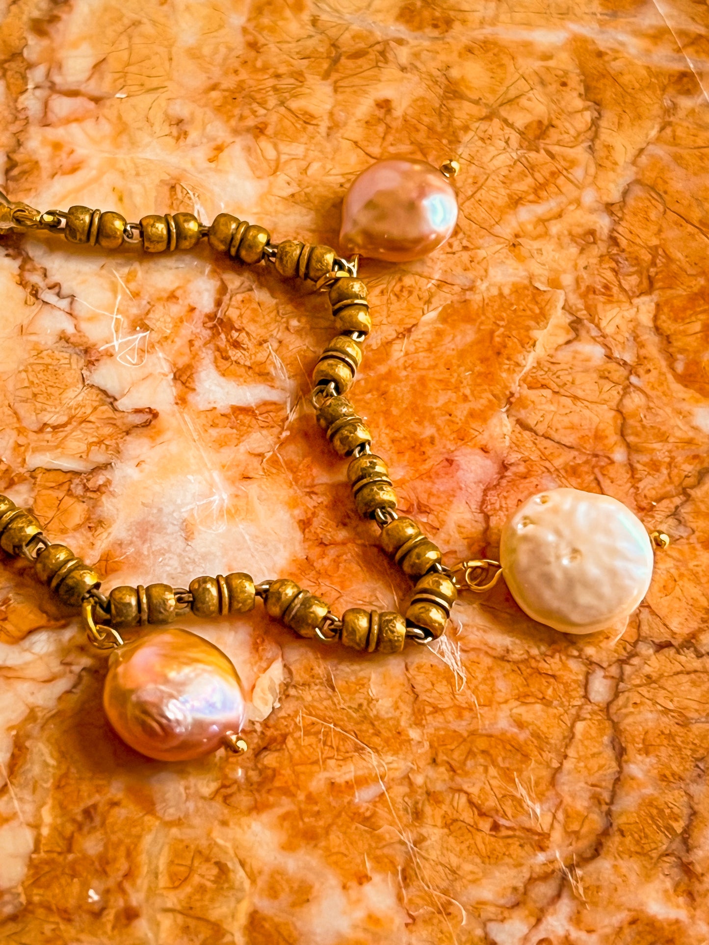 Antique Brass Leaf Collar Pins With peach and mauve pearls and Vintage Chain