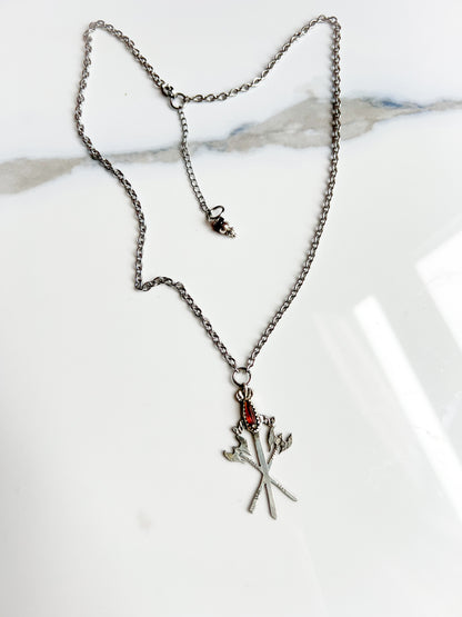 Etched Silver Sword and Labrys Necklace with Antique Wine-Tinted Glass and Rhinestone