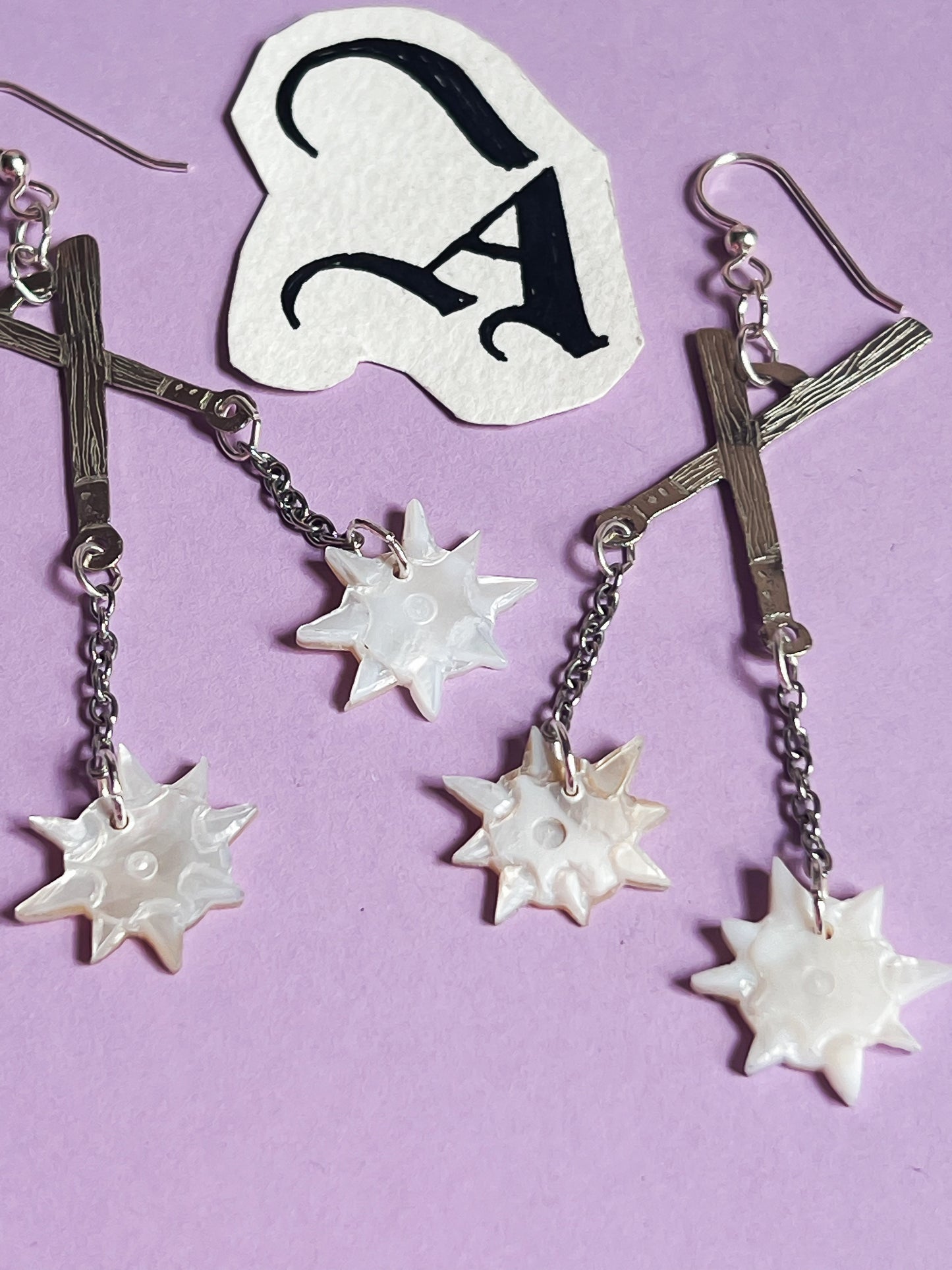 Etched Silver Crossed Flail Earrings with Hand-Carved Mother of Pearl Morning Stars