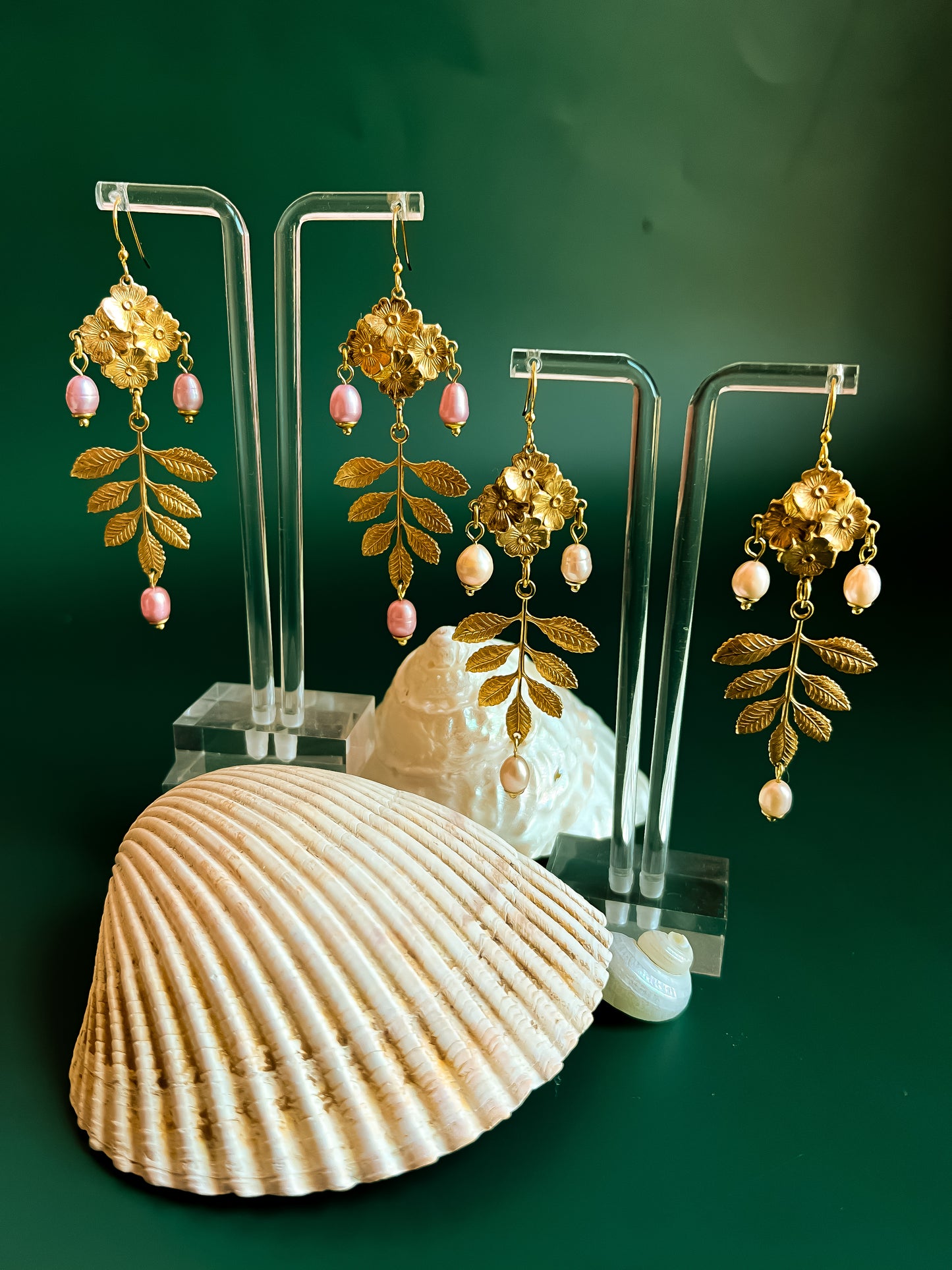 Antique Brass Flower and Leaf Earrings With Bead Capped Peach or Pink Pearls