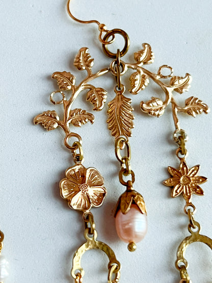 Antique and Vintage  Brass Garden Collage Flower and Leaf Earrings With Bead Capped Peach Pearls and freshwater rice pearls