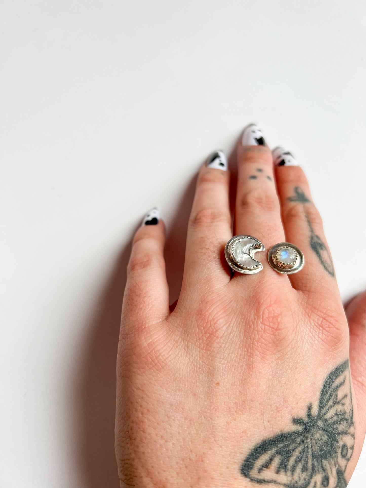 Open Band Sterling Silver Ring with Rainbow Moonstone and Mother of Pearl Moon