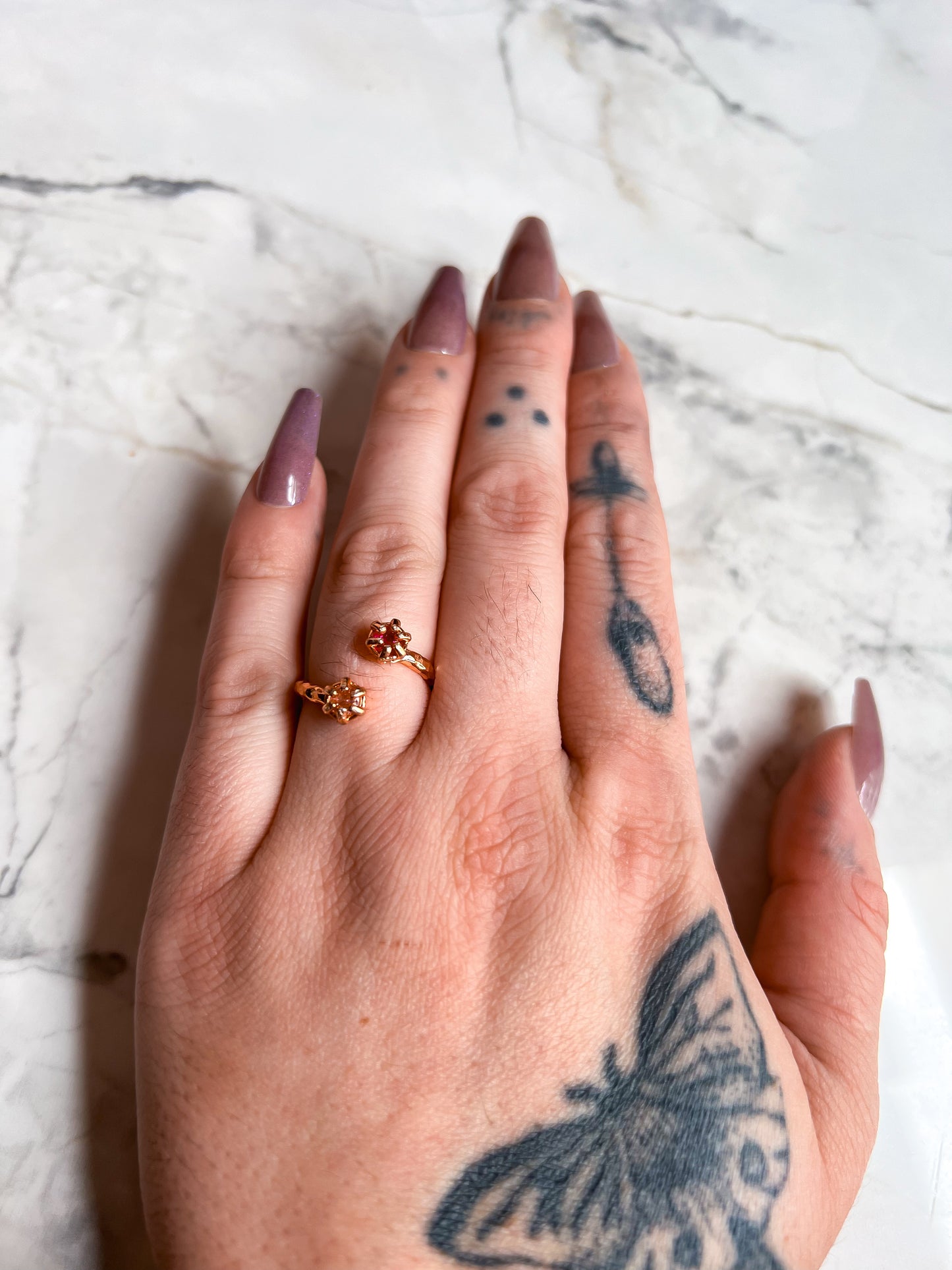 Rose Gold Plated Hammered Brass Open Ring with Rose Quartz and Ruby