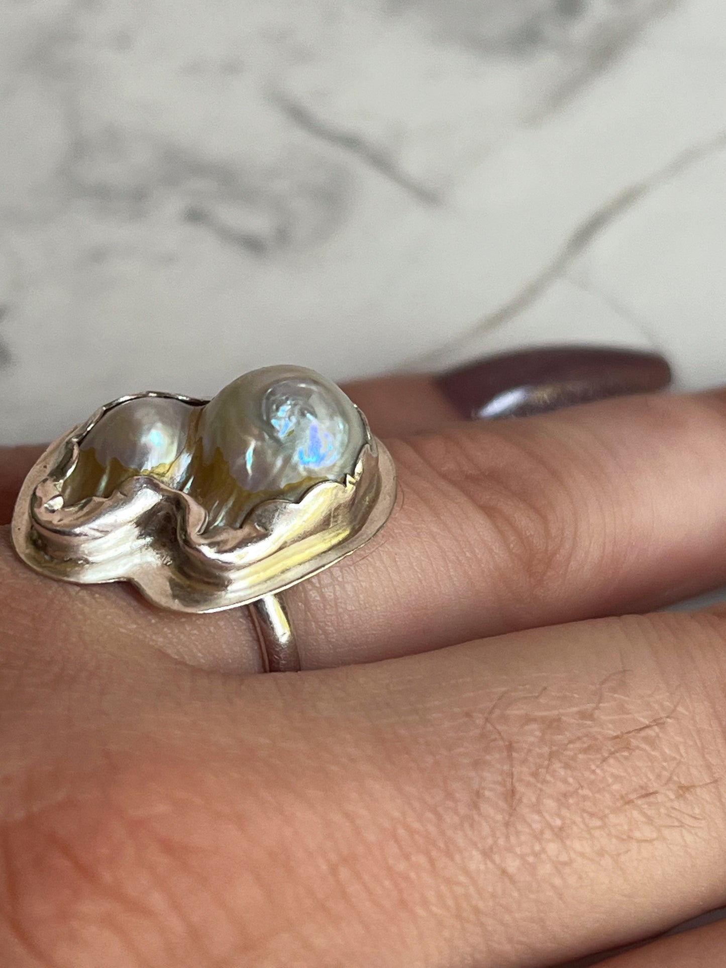 Sterling Silver Ring with scallop set Blister Pearl cluster