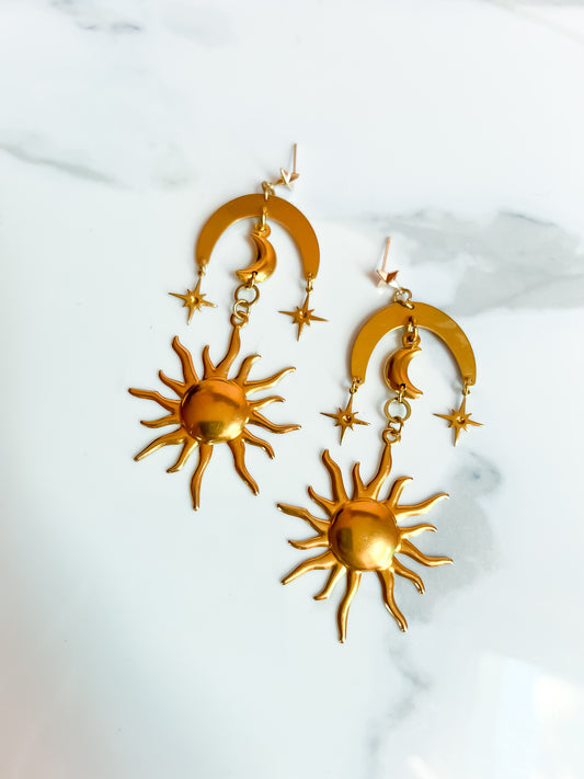 Brass Moon Sun and Star Earrings