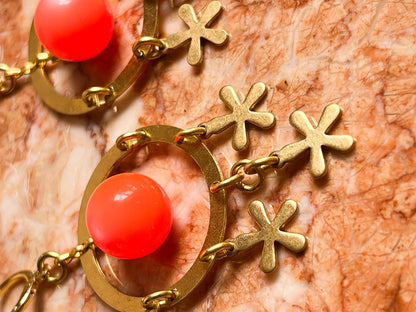 Brass and Deadstock Neon Orange Moonglow Lucite Bauble Earrings with Flower Fringe