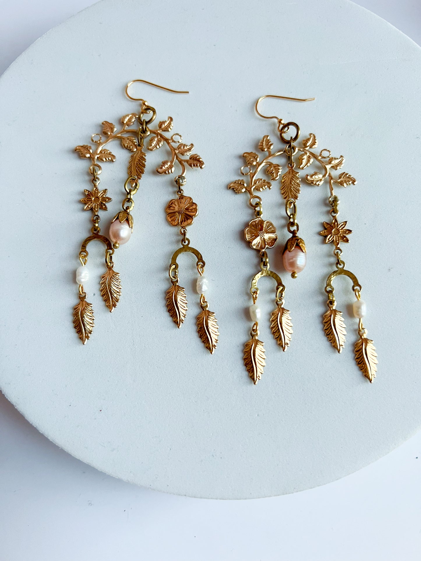 Antique and Vintage  Brass Garden Collage Flower and Leaf Earrings With Bead Capped Peach Pearls and freshwater rice pearls