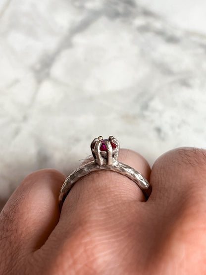 Silver Plated Hammered Brass Open Ring with Ruby