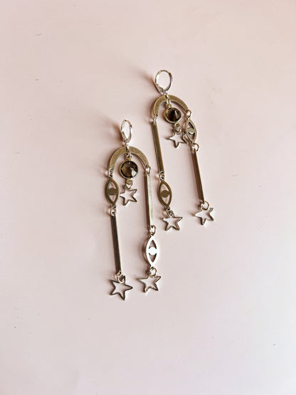 Silver Plated Eye and Star Collage Earrings with Smoky Quartz