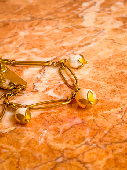 Antique Brass bar Collar Pins With flower capped ivory pearls and Vintage Chain