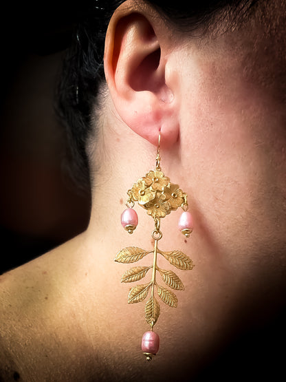 Antique Brass Flower and Leaf Earrings With Bead Capped Peach or Pink Pearls