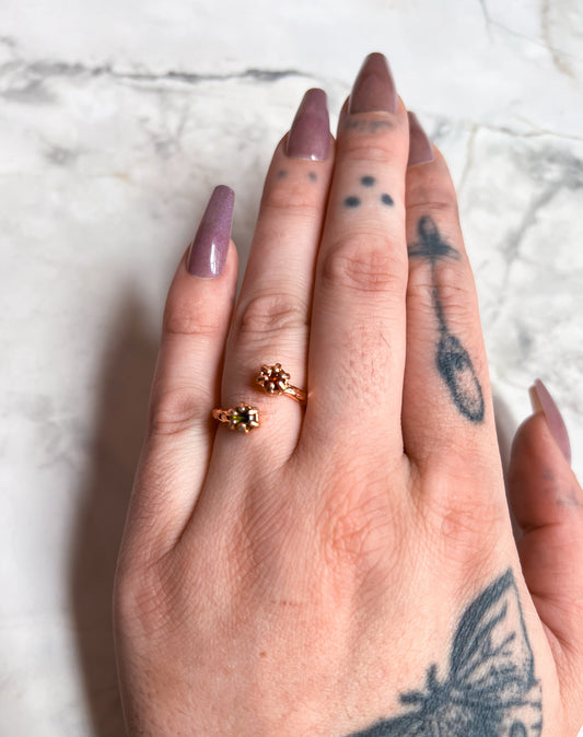 Rose Gold Plated Hammered Brass Open Ring with Peridot and Carnelian