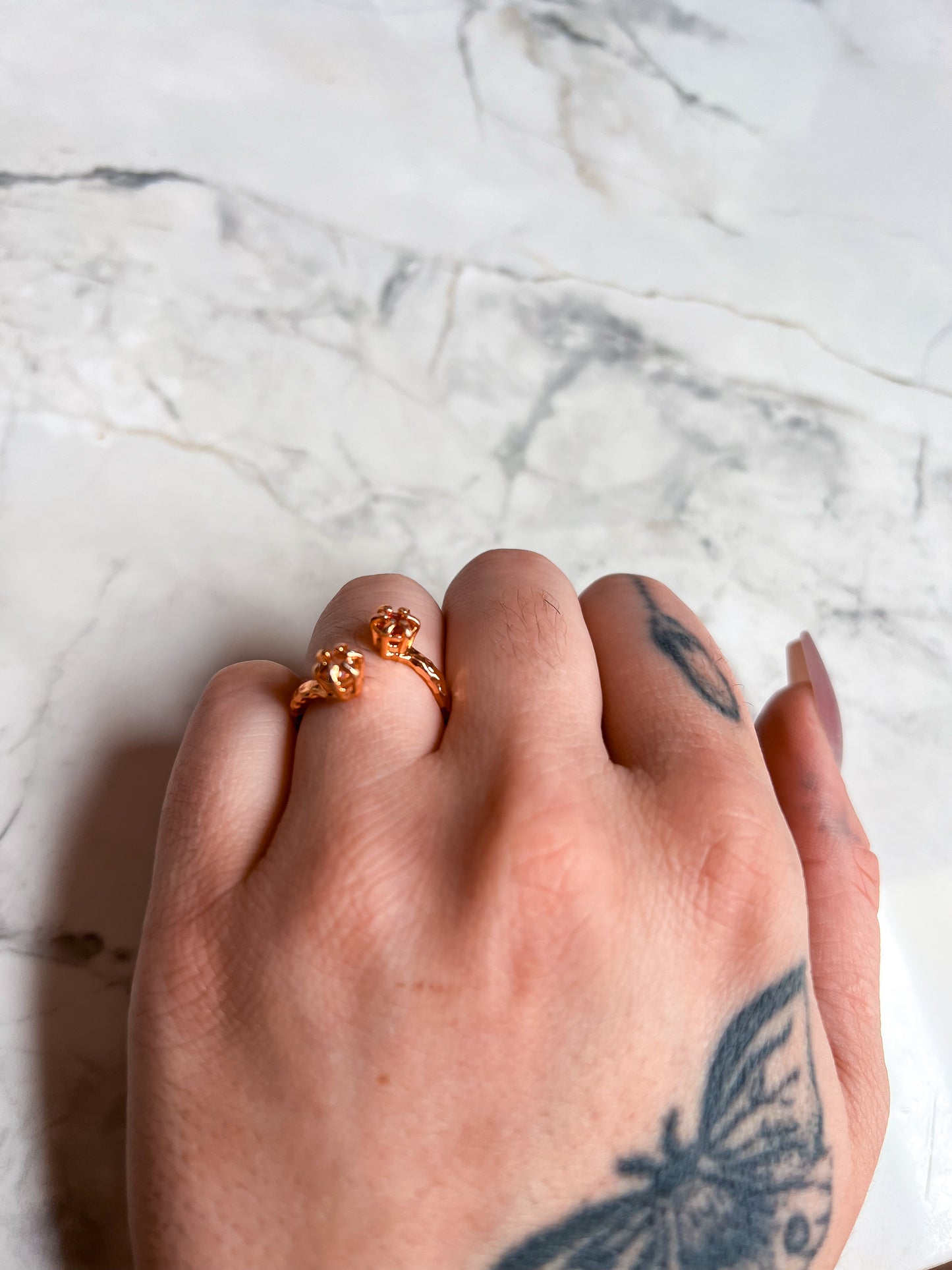 Rose Gold Plated Hammered Brass Open Ring with Rose Quartz and Ruby