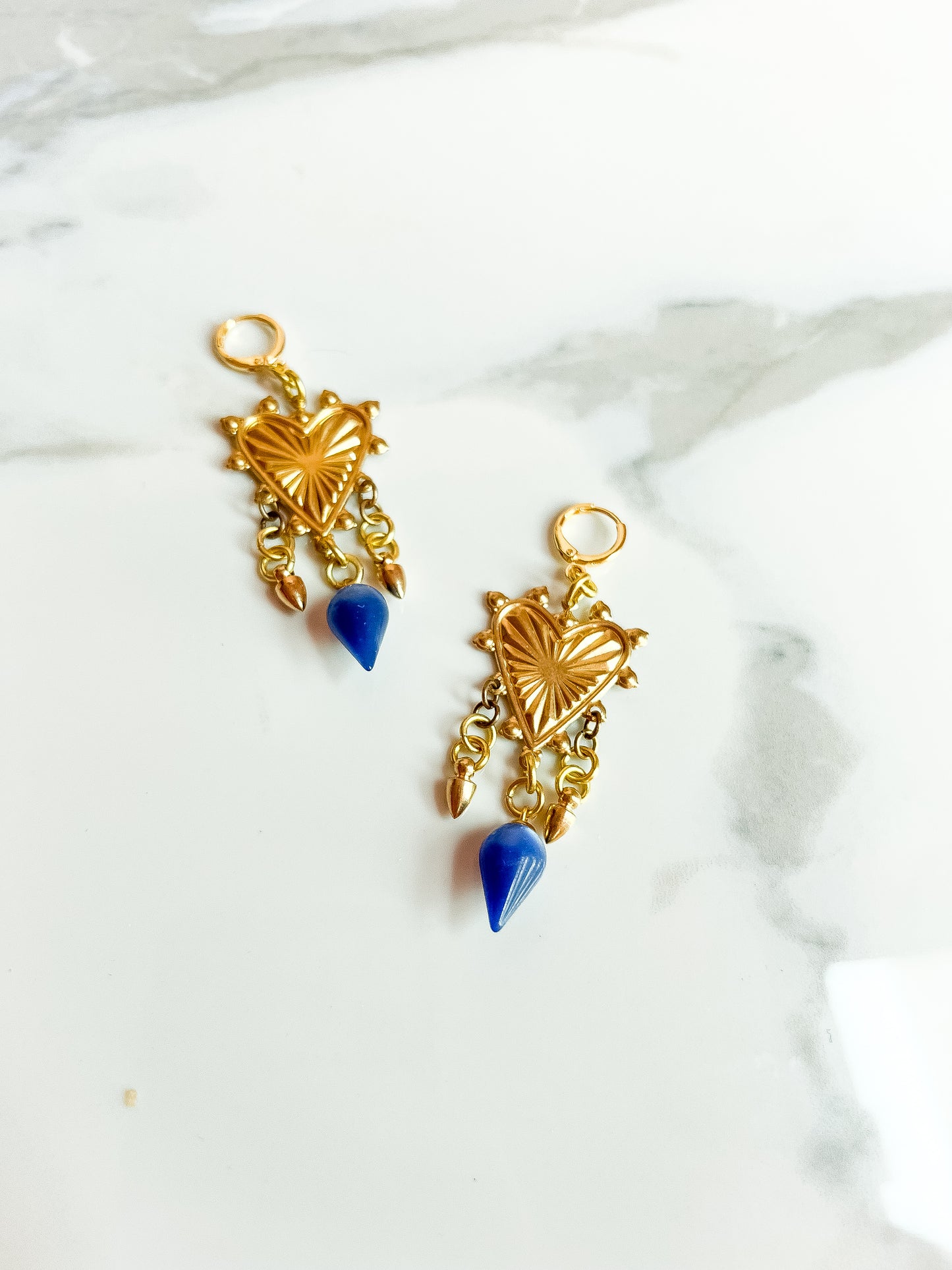 Brass and Deadstock Royal Blue Moonglow Lucite Bauble Earrings with Hearts and Spikes