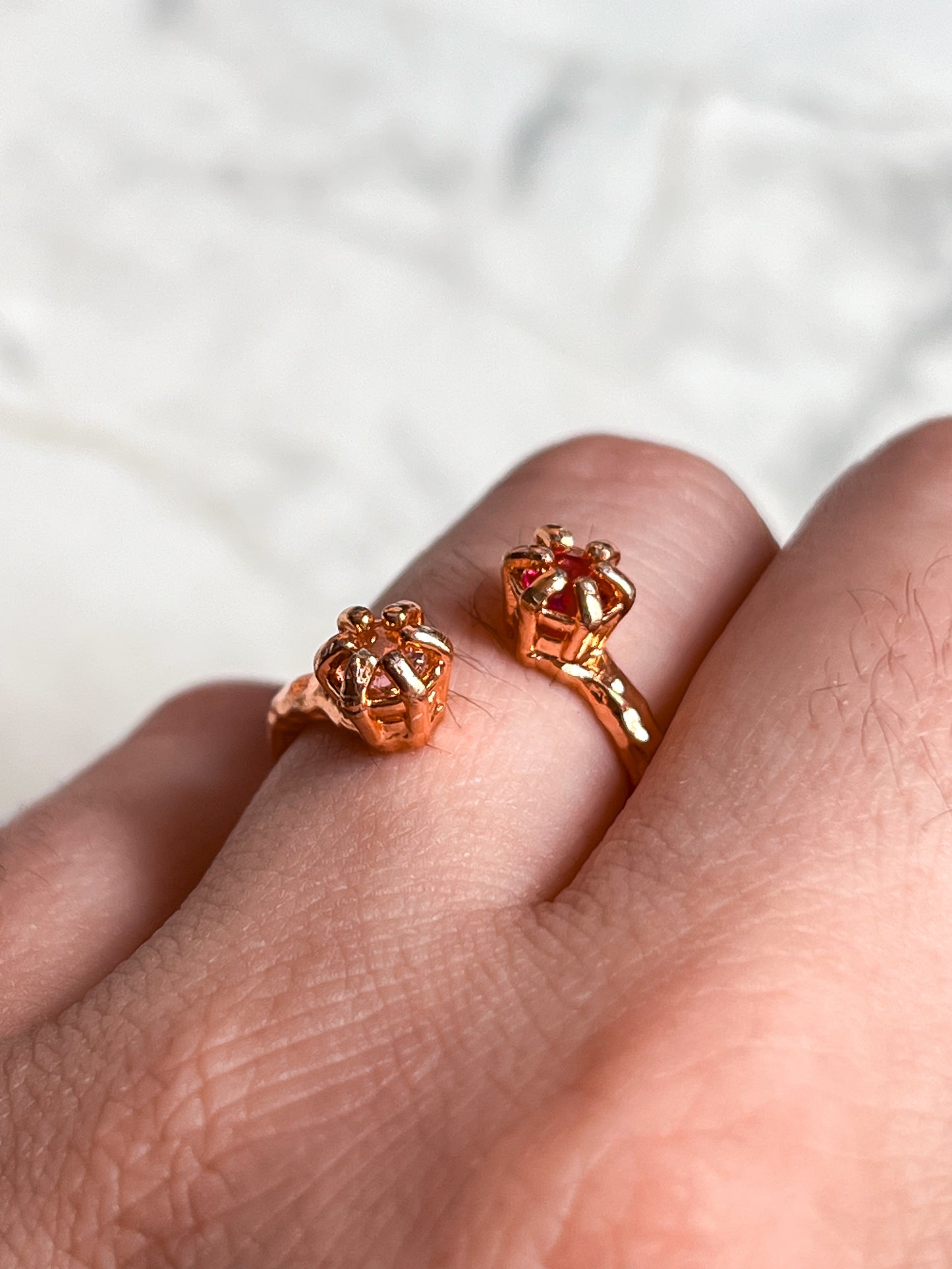 Rose Gold Plated Hammered Brass Open Ring with Rose Quartz and Ruby