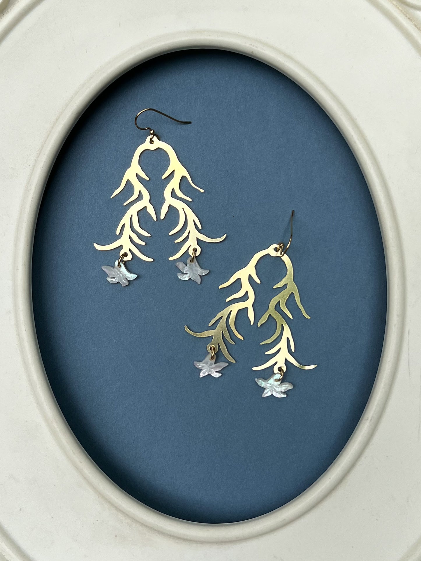 Brass Mirrored Lily earrings with hand carved mother of pearl flowers