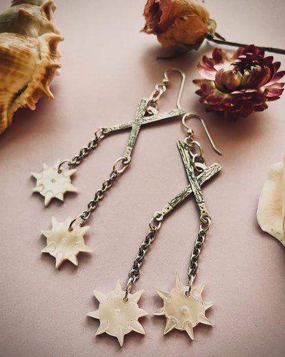 Etched Silver Crossed Flail Earrings with Hand-Carved Mother of Pearl Morning Stars