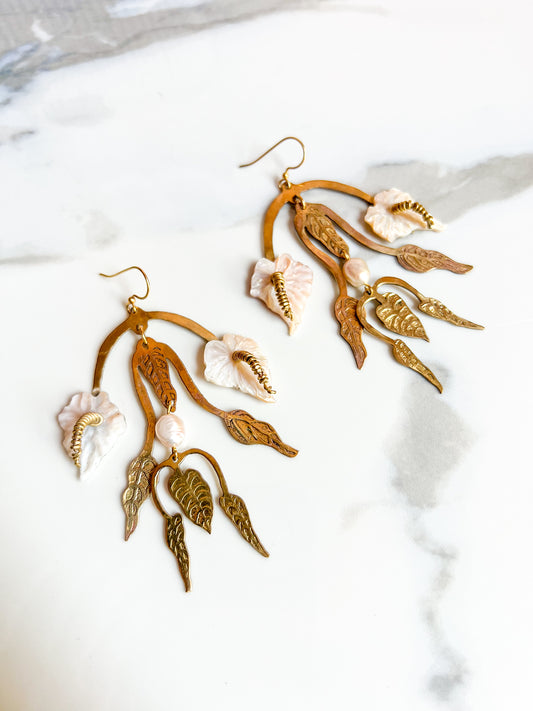 Etched Brass Anthurium Flower Earrings with Hand-Carved Mother of Pearl Flowers