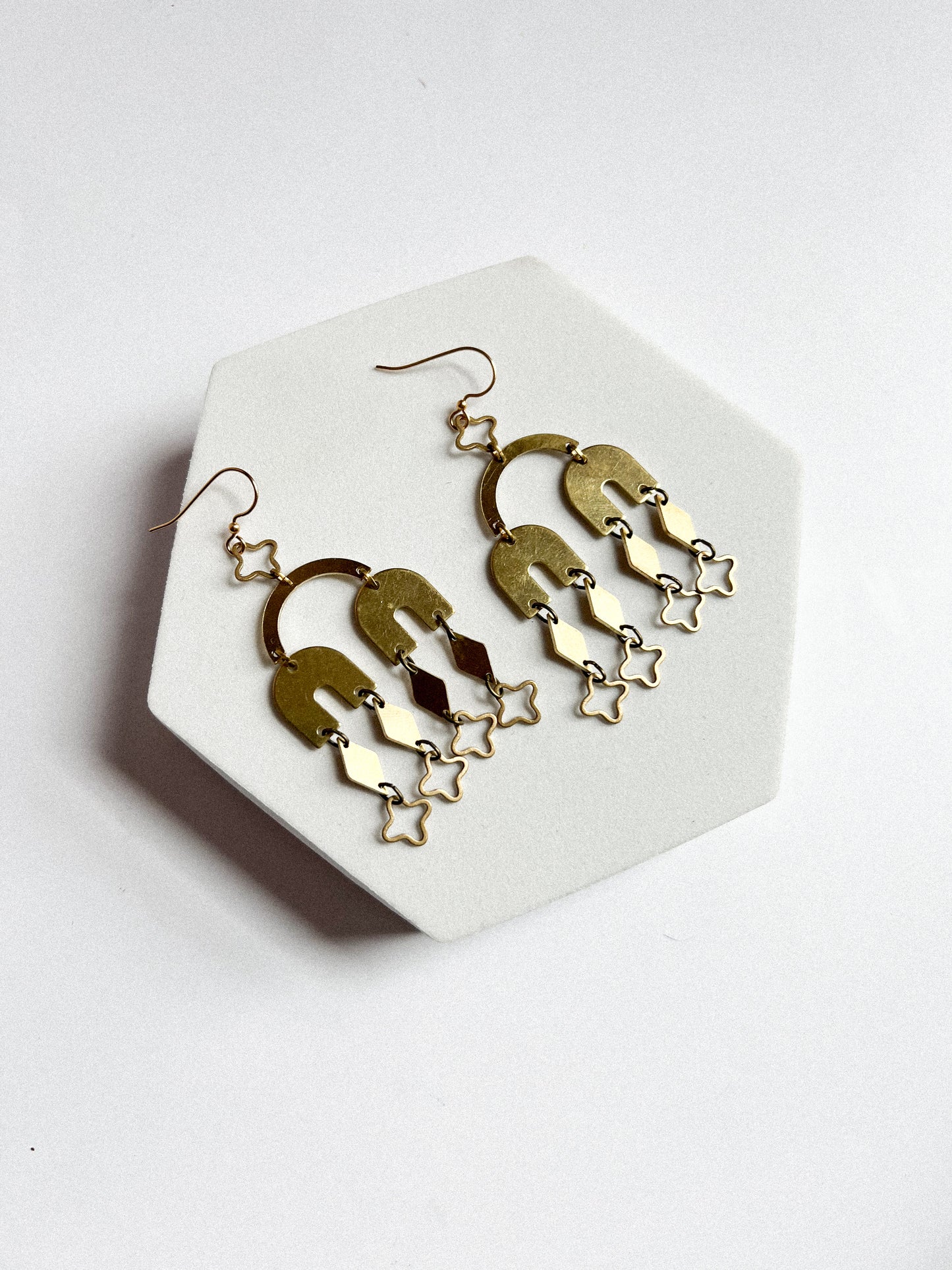 Brass Diamond and Star Cutout Chandelier Collage Earrings