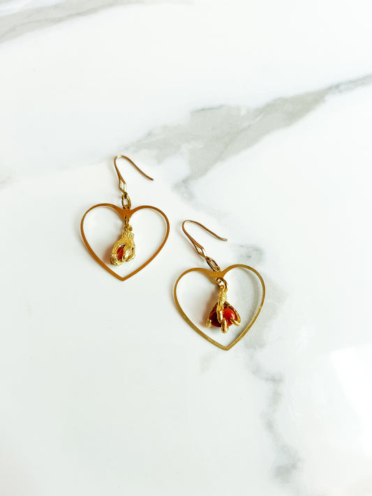 Brass Claw Clasped Red Japer Heart Earrings