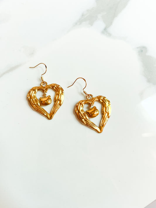 Famous Cat Brass 3 Dimensional earrings with Angel Wing Heart