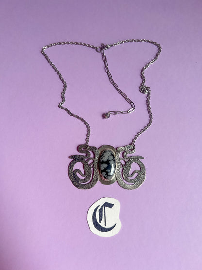 Etched Silver Snake Chestplate with Snowflake Obsidian