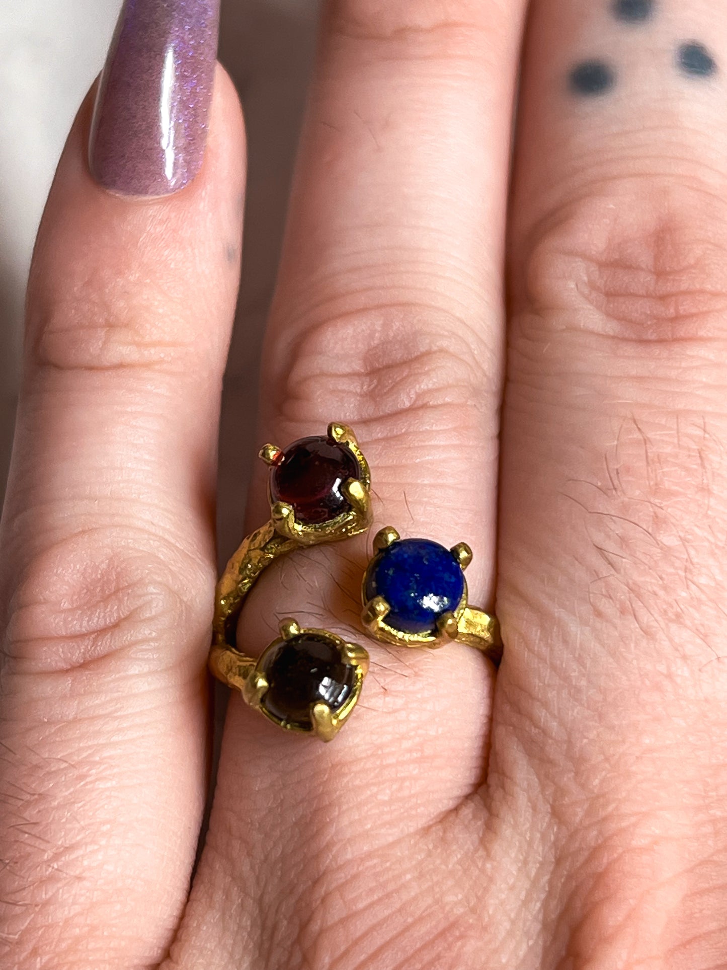 Brass Open Band Hammered Garnet Smokey Quartz and Lapis Ring