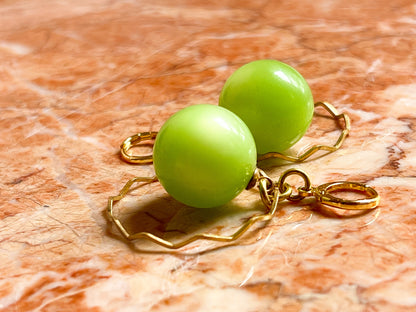 Brass and Deadstock 40's Moonglow Lime Green Lucite Bauble Earrings