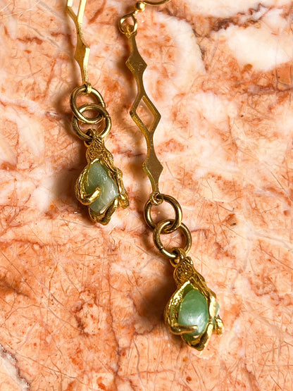 Brass Claw Clasped Green Aventurine Diamond Cutout Earrings